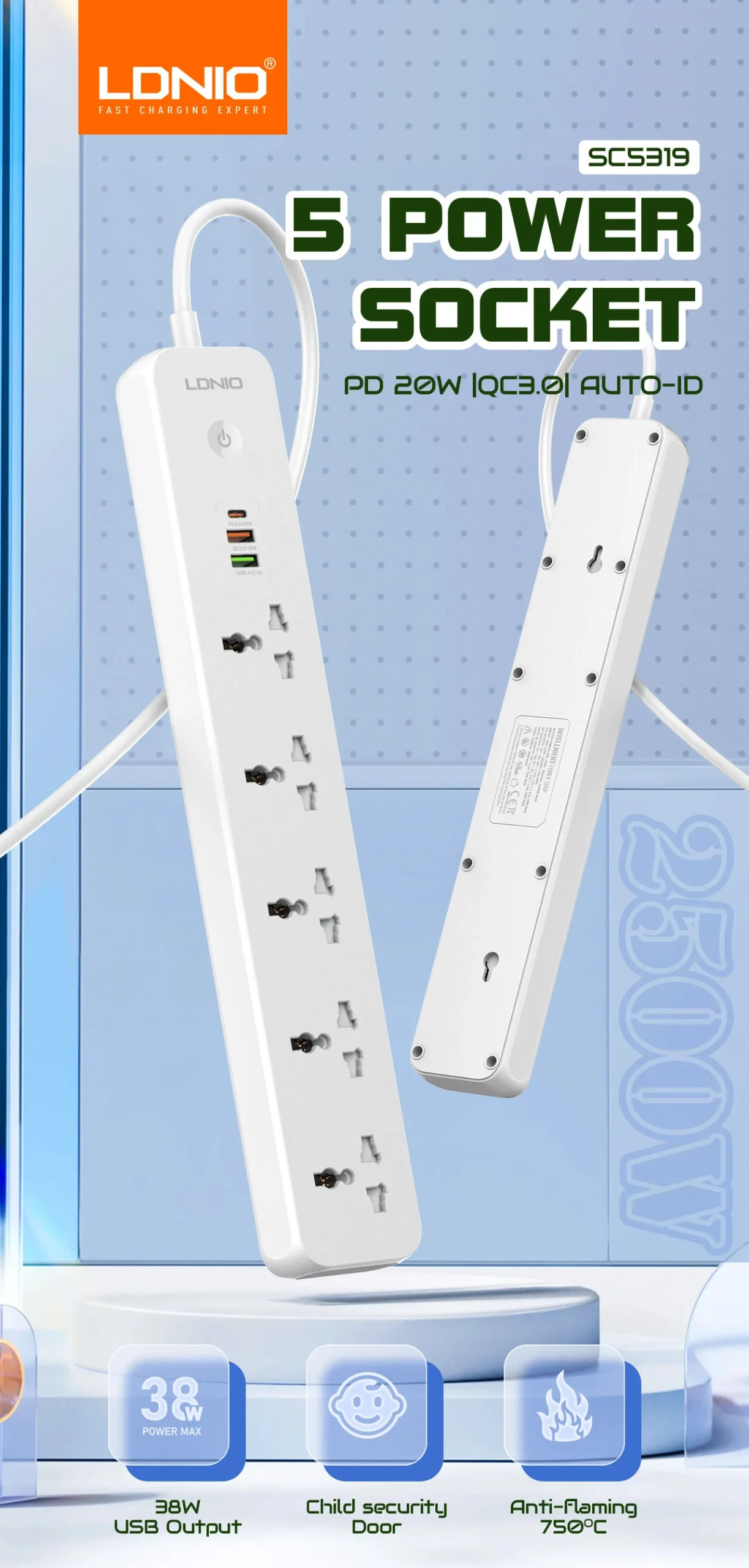 LDNIO SC5319 Multi-Socket Extension Lead with 5 AC Outlets, 3 USB Ports, and 2M Cable for Home and Office