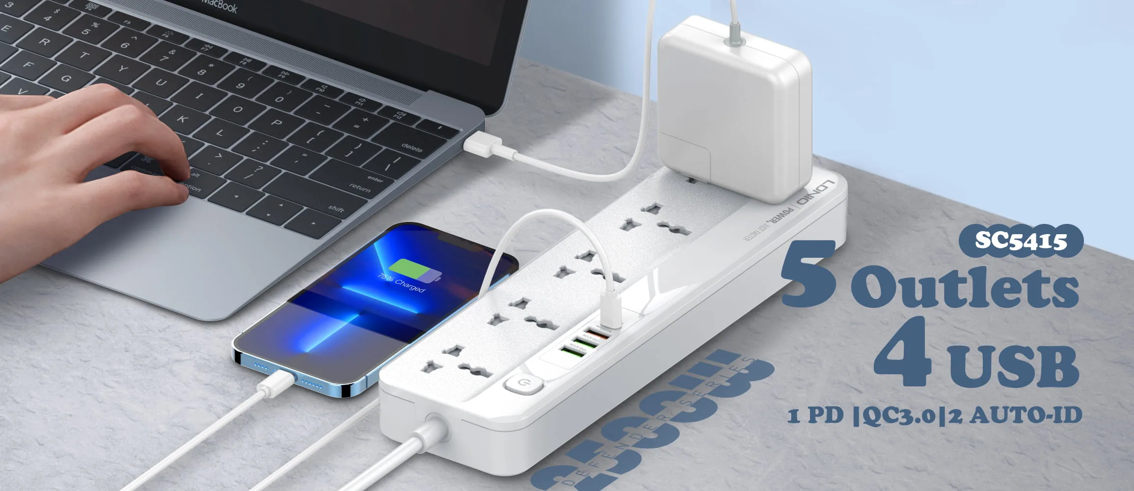 LDNIO SC5415 Power Strip with 5 AC outlets, 4 USB ports, 20W fast charging power socket, and universal plug compatibility.