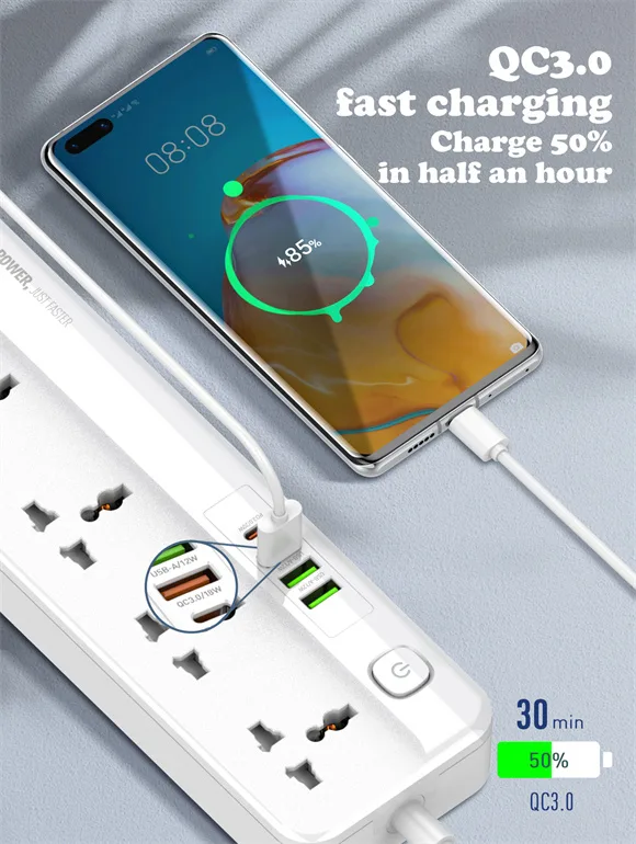 LDNIO SC5415 Power Strip with 5 AC outlets, 4 USB ports, 20W fast charging power socket, and universal plug compatibility.