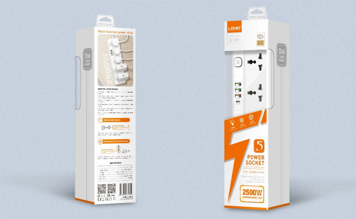 LDNIO SC5415 Power Strip with 5 AC outlets, 4 USB ports, 20W fast charging power socket, and universal plug compatibility.