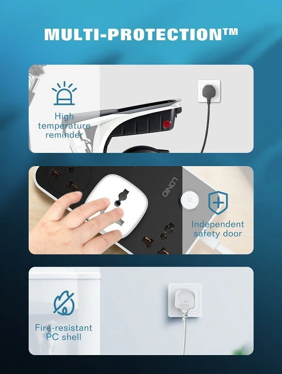 LDNIO SCW1050 Remote Control WiFi Smart Timing Power Socket with Surge Protection, compatible with UK, EU, and US plugs.