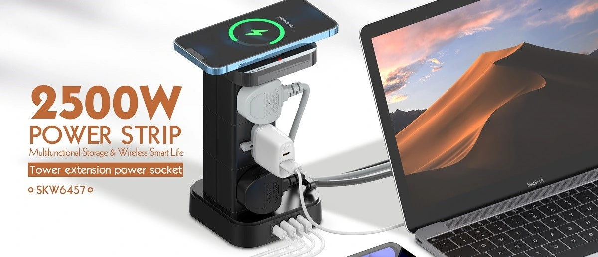 LDNIO SKW6457 Tower Extension Power Socket with 6 AC outlets, PD 30W, QC3.0 USB ports, 15W wireless charging, and UK plug compatibility.
