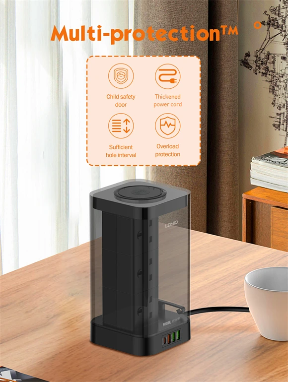 LDNIO SKW6457 Tower Extension Power Socket with 6 AC outlets, PD 30W, QC3.0 USB ports, 15W wireless charging, and UK plug compatibility.