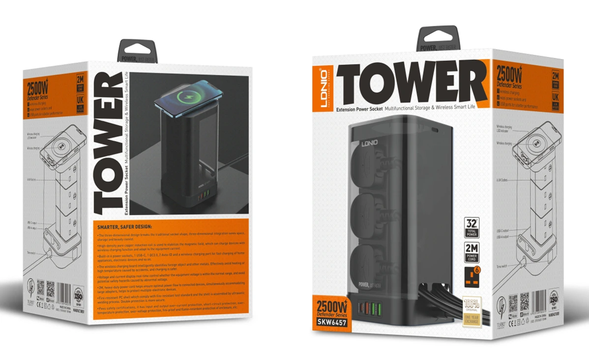 LDNIO SKW6457 Tower Extension Power Socket with 6 AC outlets, PD 30W, QC3.0 USB ports, 15W wireless charging, and UK plug compatibility.