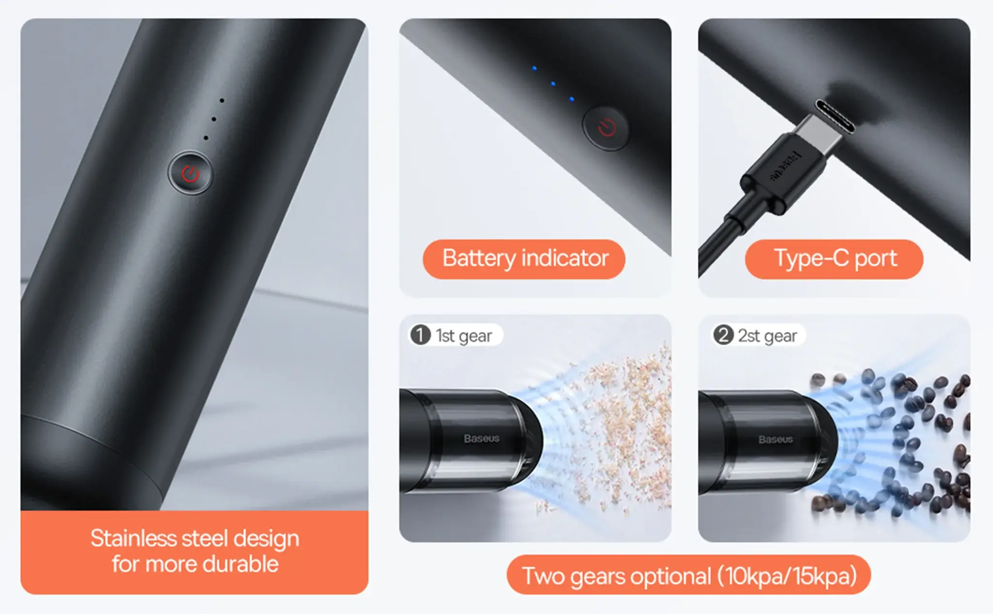 Baseus A3 Car Vacuum Cleaner – Cordless 135W Handheld Rechargeable Auto Vacuum with 15,000Pa Suction and Dual Filtration
