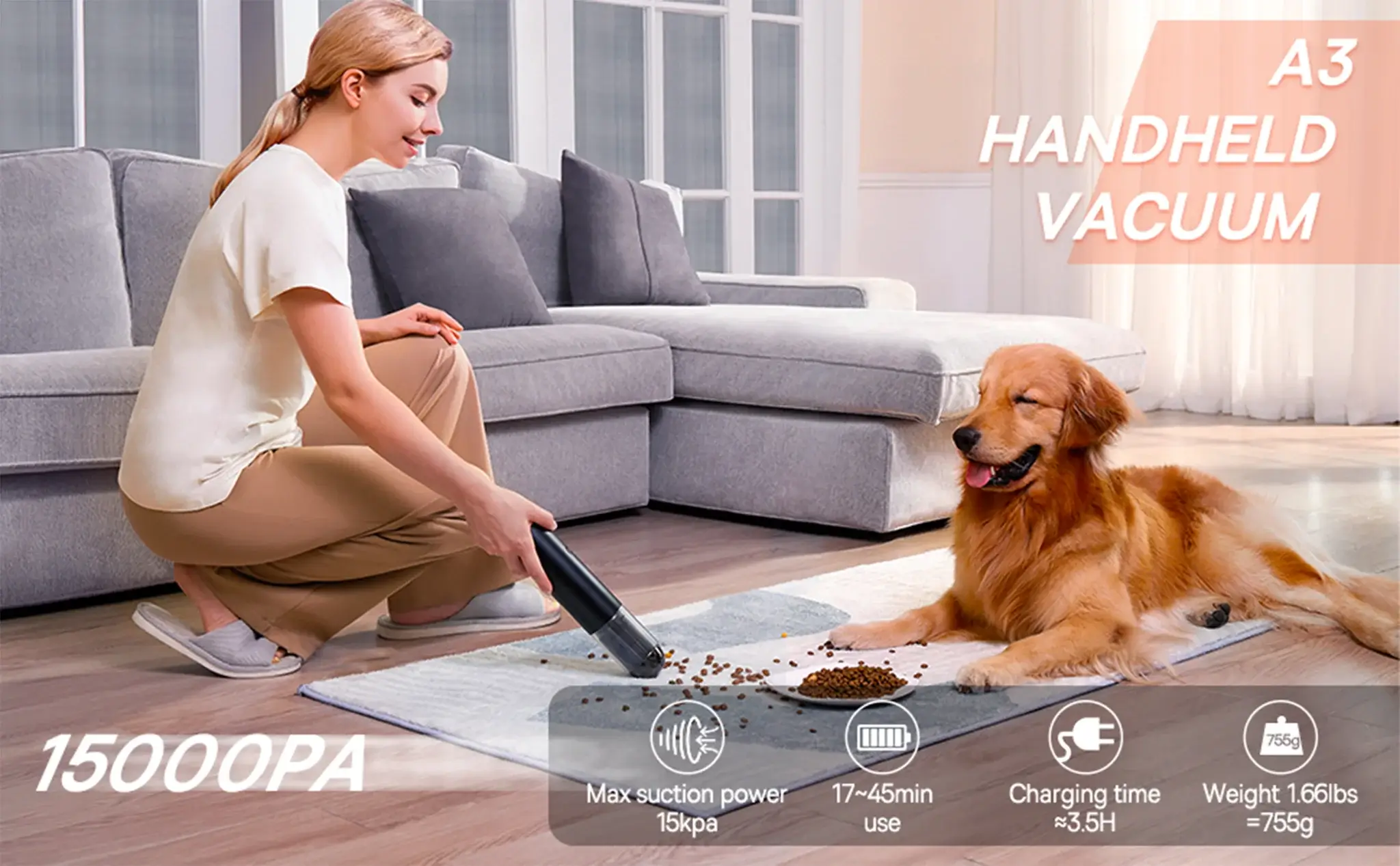 Baseus A3 Car Vacuum Cleaner – Cordless 135W Handheld Rechargeable Auto Vacuum with 15,000Pa Suction and Dual Filtration