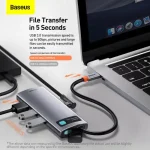 Baseus Metal Gleam 6-in-1 USB-C Hub with 100W PD, 4K HDMI, USB 3.2, and RJ45 Gigabit Ethernet Adapter – Grey
