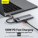 Baseus Metal Gleam 6-in-1 USB-C Hub with 100W PD, 4K HDMI, USB 3.2, and RJ45 Gigabit Ethernet Adapter – Grey