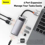 Baseus Metal Gleam 6-in-1 USB-C Hub with 100W PD, 4K HDMI, USB 3.2, and RJ45 Gigabit Ethernet Adapter – Grey