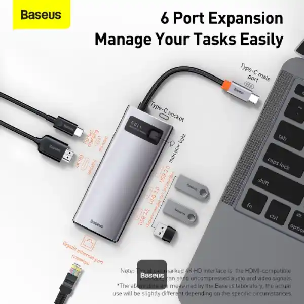 Baseus Metal Gleam 6-in-1 USB-C Hub with 100W PD, 4K HDMI, USB 3.2, and RJ45 Gigabit Ethernet Adapter – Grey