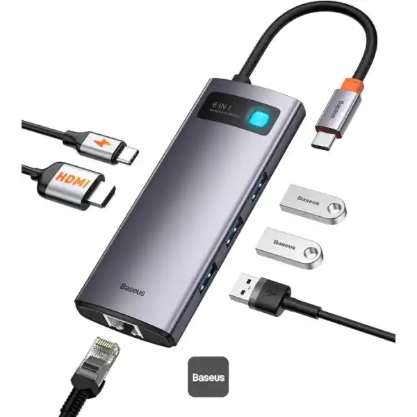 Baseus Metal Gleam 6-in-1 USB-C Hub with 100W PD, 4K HDMI, USB 3.2, and RJ45 Gigabit Ethernet Adapter – Grey