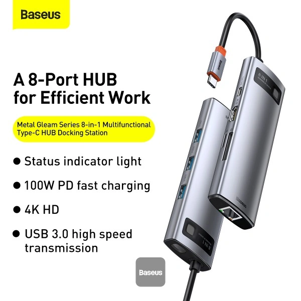 Baseus Metal Gleam 8-in-1 USB-C Hub – Product Front View