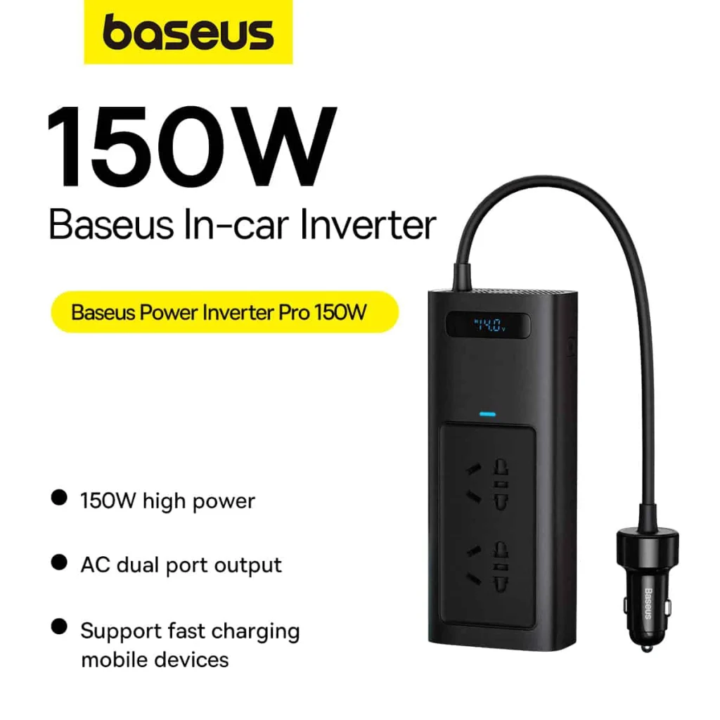 Baseus Power Inverter Pro 150W BS-CI15-03 – Car to 220V Converter with USB and Type-C Ports (CN/EU Plug