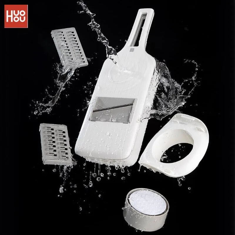 HuoHou Vegetable Cutter multi-functional kitchen slicer with 3 stainless steel blades, hand guard, storage box, and safety track system