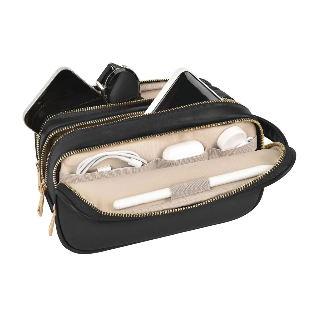 WiWU Salem Lux Organizer Case – Premium PU Leather Tri-Compartment Pouch with Metal Zipper – Black/Brown - Image 3