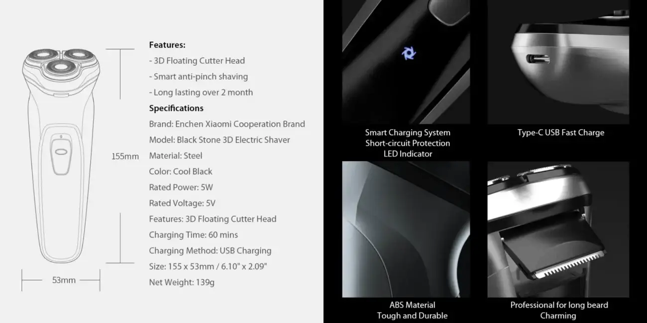 Xiaomi Enchen 3D BlackStone Electric Shaver USB Rechargeable Smart Razor for Men 