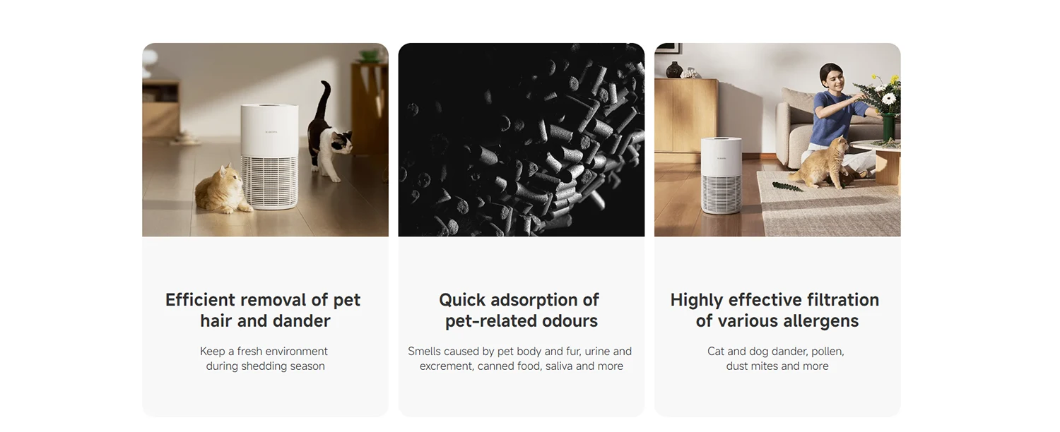 Xiaomi Smart Pet Care Air Purifier with triple-layer filtration removing pet hair, dander, and odors for clean indoor air
