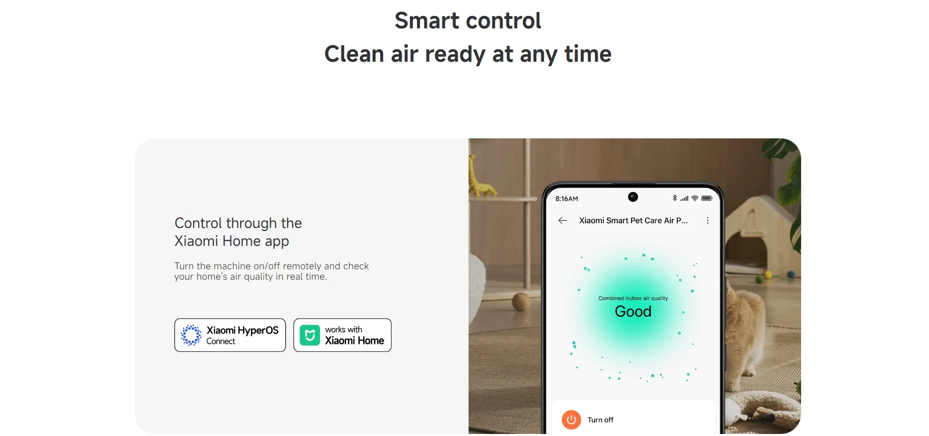Xiaomi Smart Pet Care Air Purifier with triple-layer filtration removing pet hair, dander, and odors for clean indoor air