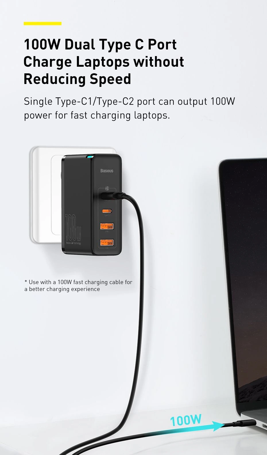 Baseus GaN2 Pro Quick Charger 100W – 4-Port USB-C & USB-A Wall Charger with Foldable Plug