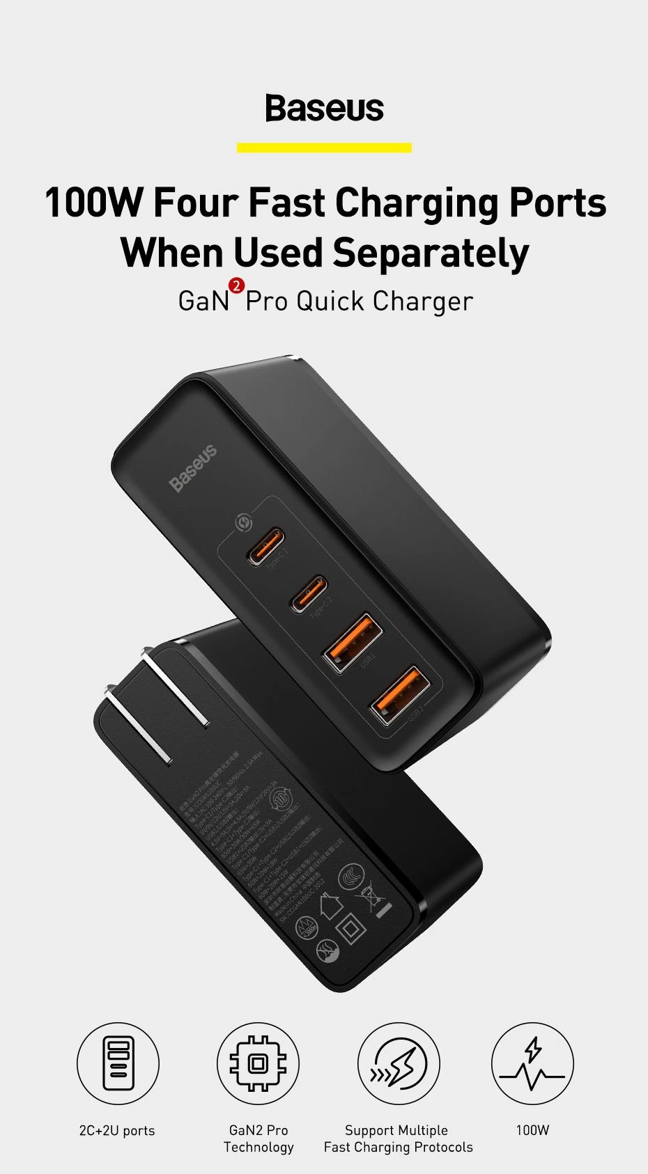 Baseus GaN2 Pro Quick Charger 100W – 4-Port USB-C & USB-A Wall Charger with Foldable Plug