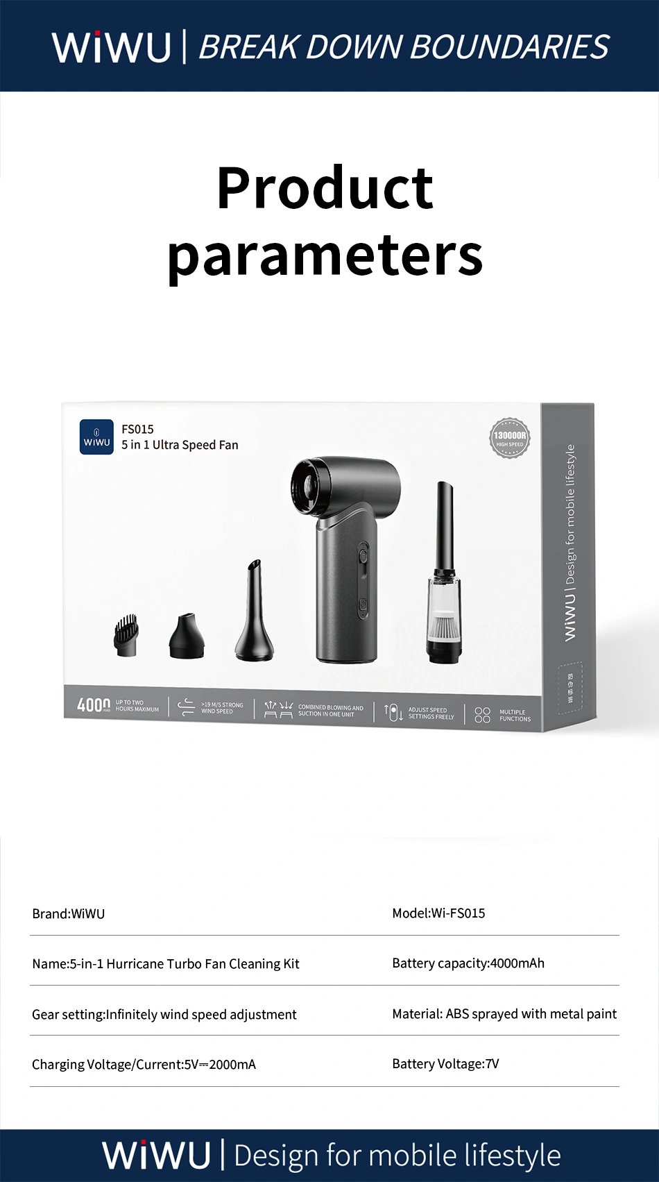 WiWU FS015 5-in-1 Ultra Speed Fan 4000mAh Wireless Blower