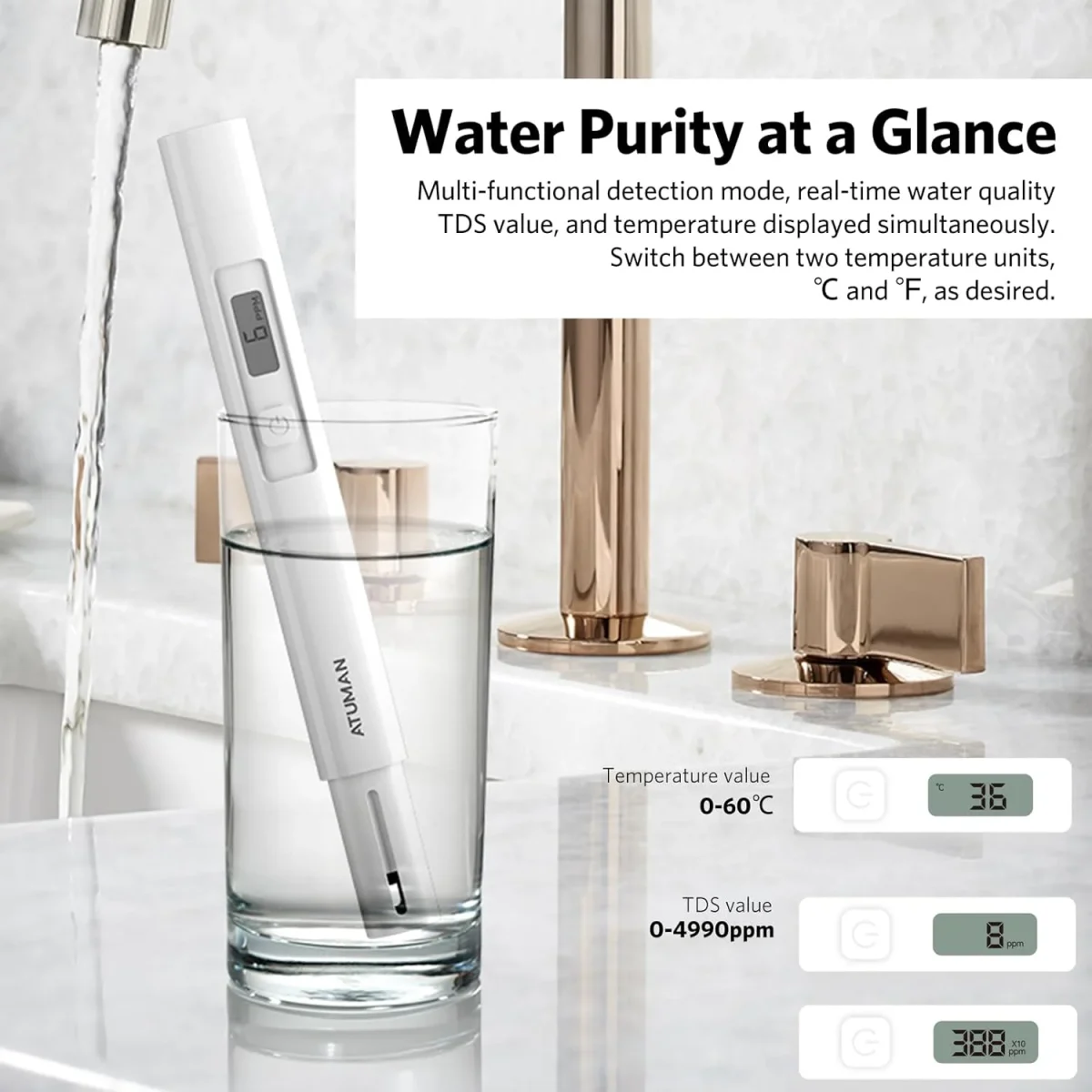 ATuMan TDS Water Test Pen Digital Meter for Water Purity Testing – 0-4990ppm Range