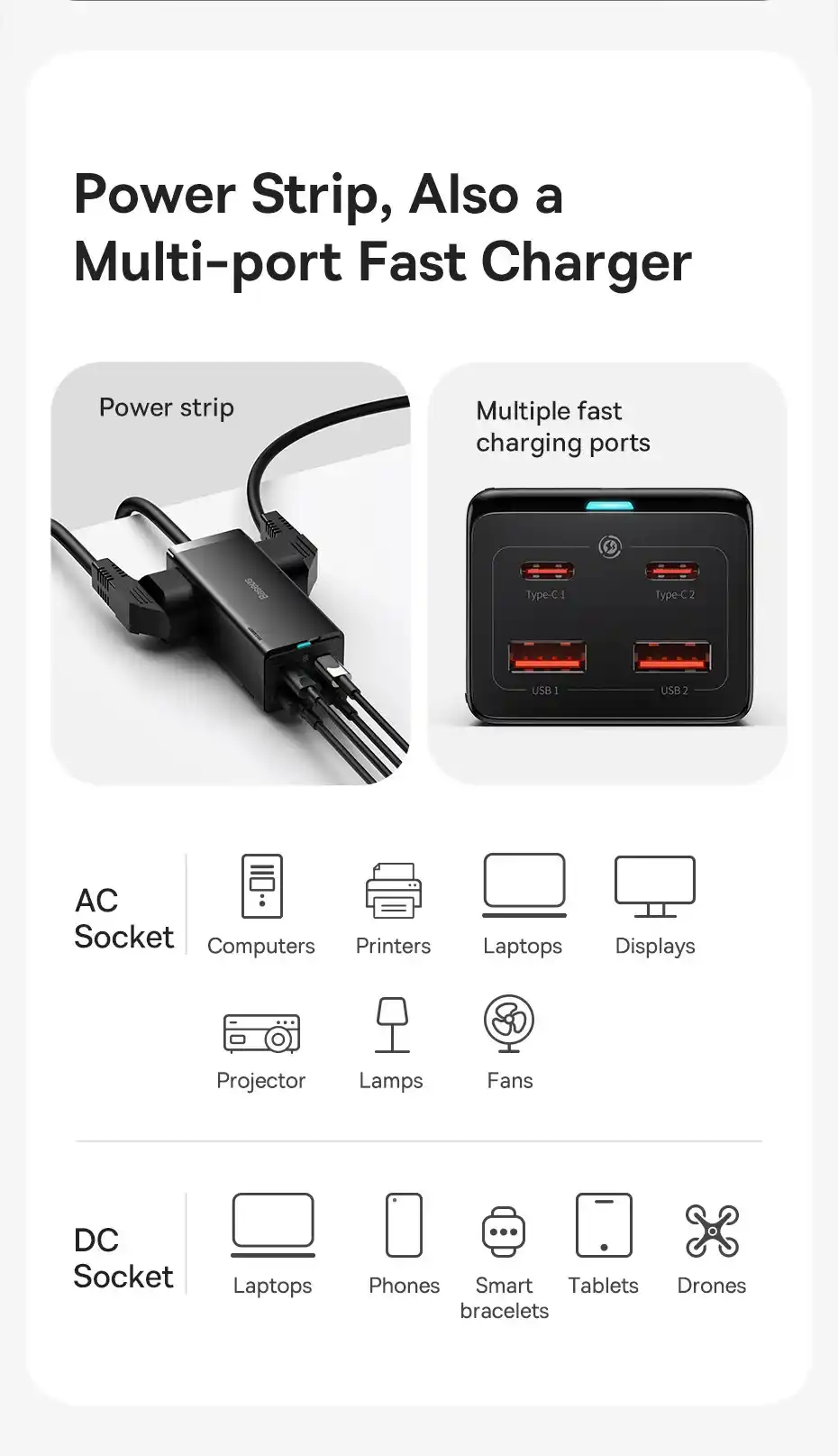Baseus 100W GaN3 Pro Desktop Powerstrip with 6-in-1 Charging Ports