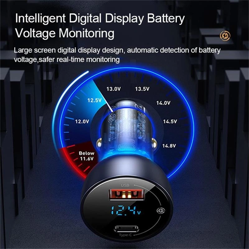 Baseus 65W dual port car charger with digital display for phone and laptop fast charging, QC+PPS compatible