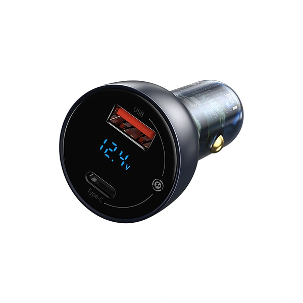 Baseus 65W dual port car charger with digital display for phone and laptop fast charging, QC+PPS compatible