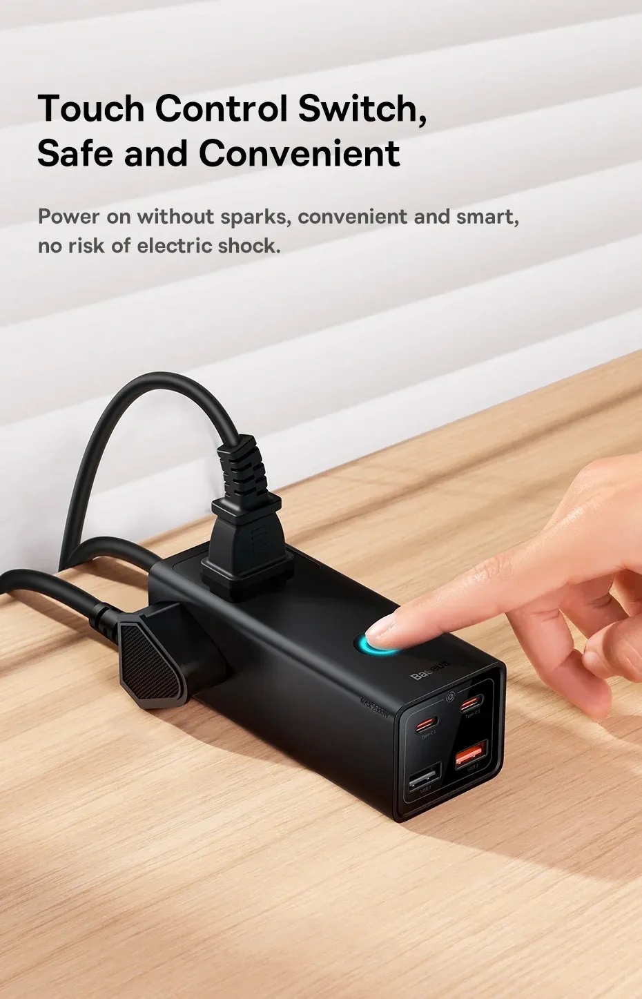 Baseus 65W Digital Powerstrip with 3 AC Outlets and 4 USB Ports