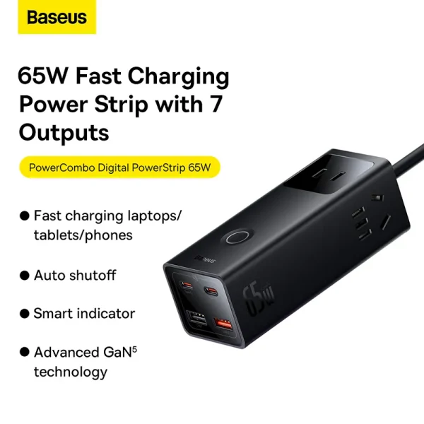 Baseus 65W Digital Powerstrip with 3 AC Outlets and 4 USB Ports