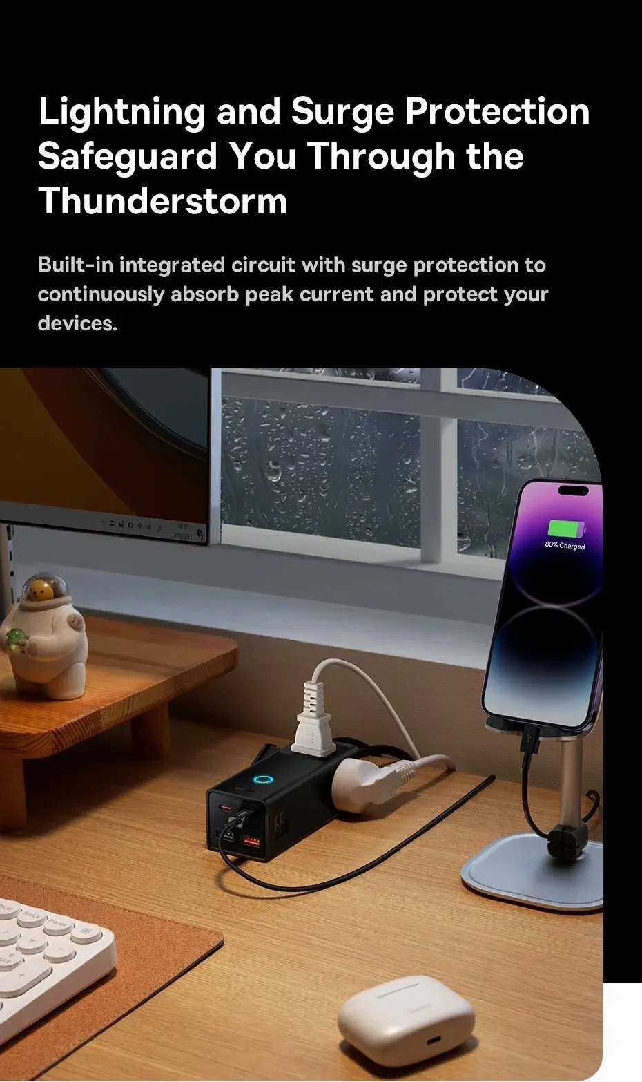 Baseus 65W Digital Powerstrip with 3 AC Outlets and 4 USB Ports