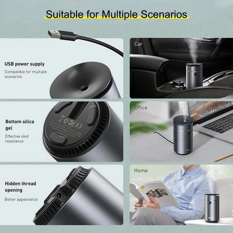 Baseus Time Aromatherapy Humidifier – 75ml Portable Car Air Freshener with LED Light and USB Power