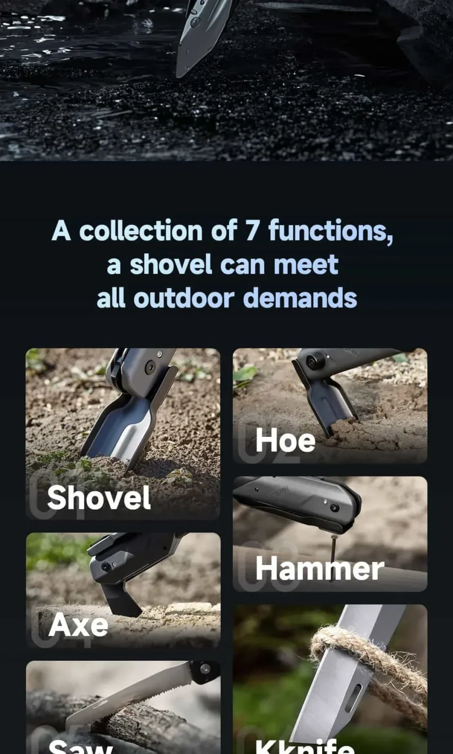 NexTool NE20057 Multifunctional Survival Shovel with Axe, Knife, Saw, and Fire Starter
