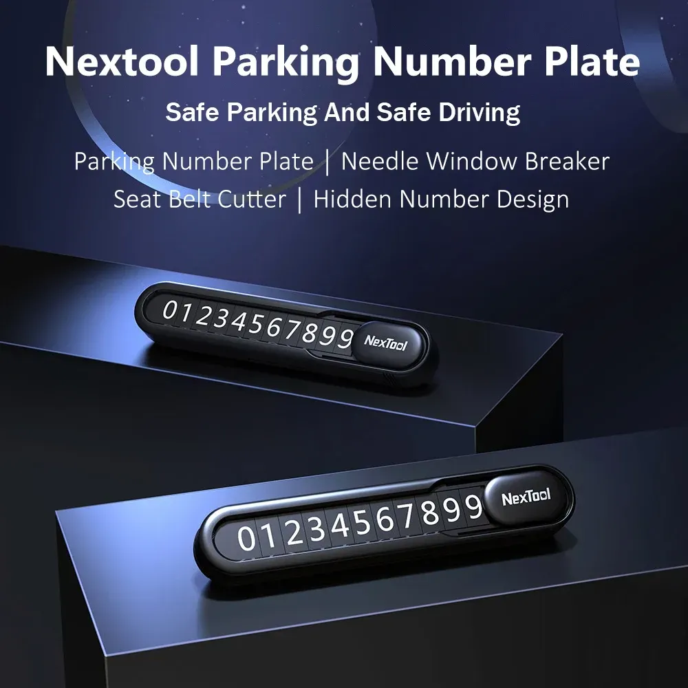  Nextool NE20140 Multifunctional Parking Plate with hidden number display, window breaker, and seat belt cutter