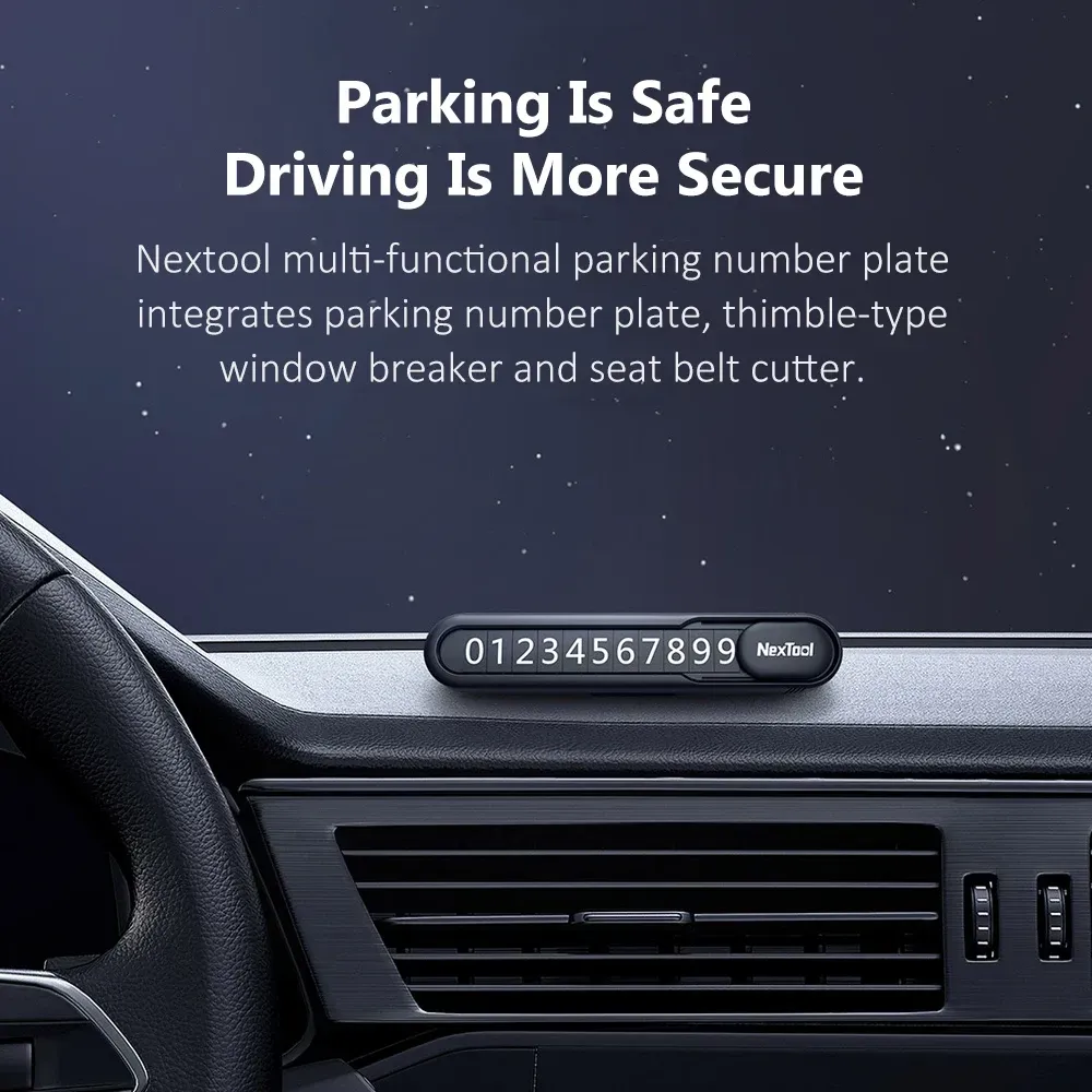  Nextool NE20140 Multifunctional Parking Plate with hidden number display, window breaker, and seat belt cutter