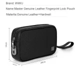 WiWU Master Fingerprint Lock Pouch Genuine Leather Smart Security Bag with USB Rechargeable Lock