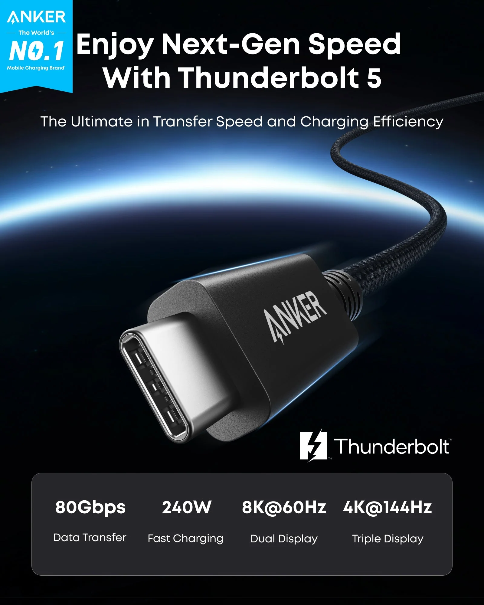 Anker Prime Thunderbolt 5 Cable 80Gbps 240W 3.3ft – Dual 8K, Fast Charging | E Club