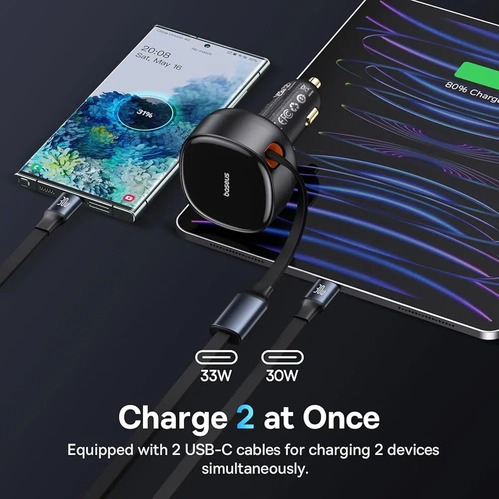 Baseus 33W Enjoyment Car Charger with Dual USB-C Outputs and Included Cable – Fast Charging for iPhone, Android, and Tablets