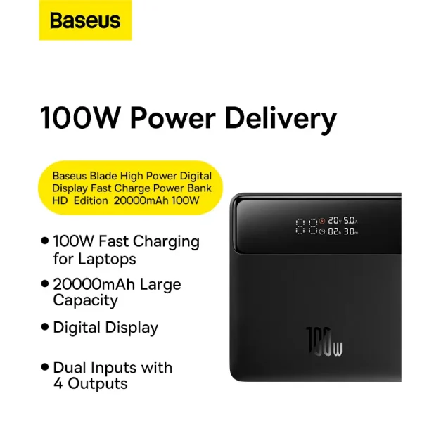 Baseus Blade HD Edition 100W 20000mAh Ultra-Thin Power Bank with Digital Display – Black