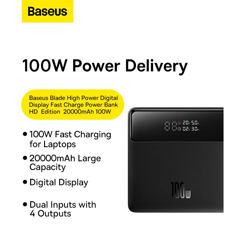 Baseus Blade HD Edition 100W 20000mAh Ultra-Thin Power Bank with Digital Display – Black