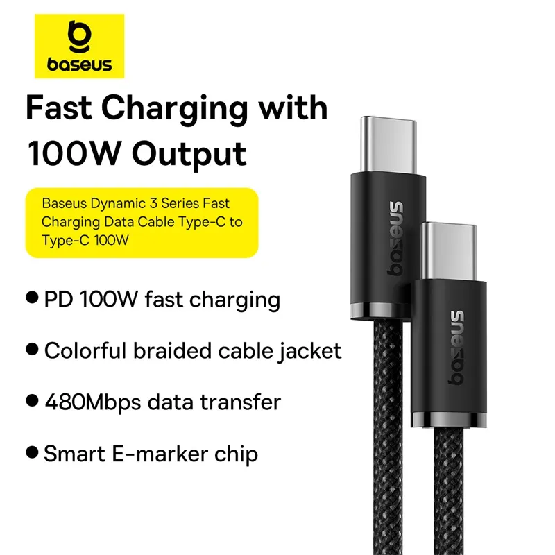 Baseus Dynamic 3 USB-C to USB-C Fast Charging Cable 100W PD 2M Black for iPhone 15 MacBook Android