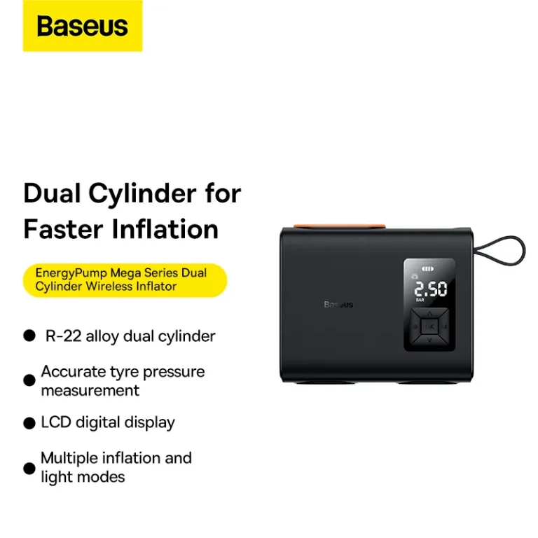 Baseus Inflator Mega Energy Pump Dual Cylinder Wireless Tire Pumper CRNL060001 with LCD Display