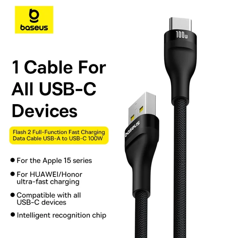 Baseus Flash 2 100 W USB‑A to USB‑C fast‑charging cable 2 m black nylon braided