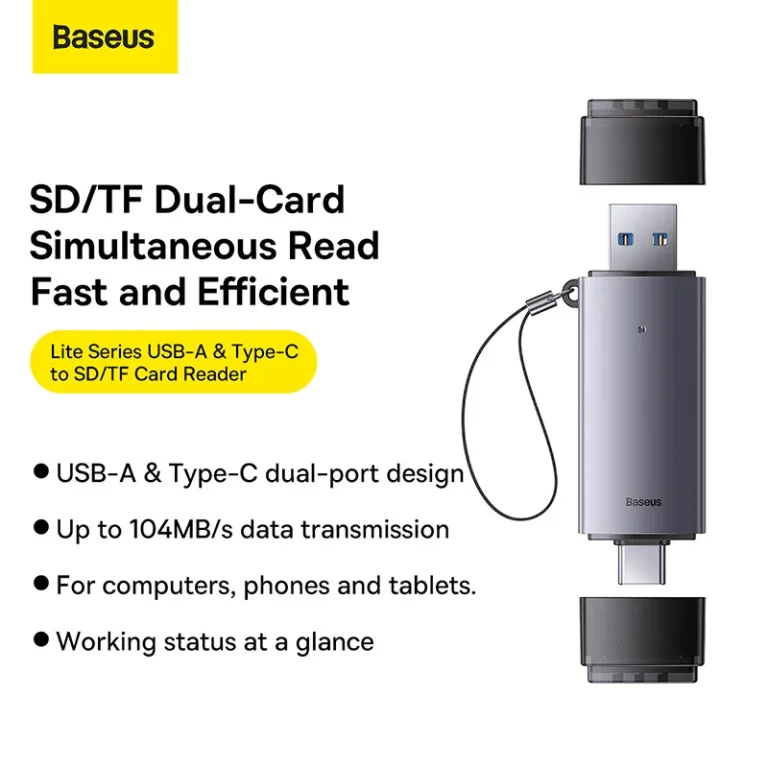 Baseus Dual USB-A & Type-C Card Reader for SD and TF Cards – Grey