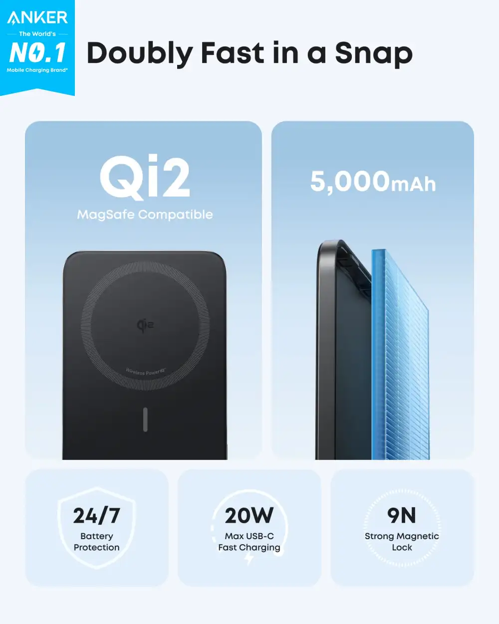 Anker Nano MagGo Qi2 15W 5000mAh Magnetic Wireless Power Bank Ultra Slim Portable Charger