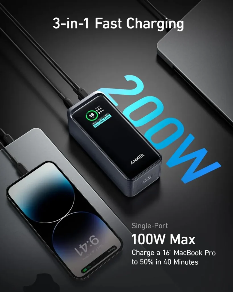 Anker Prime 20000mAh 200W Power Bank with Dual USB-C Ports and Smart Display A1336