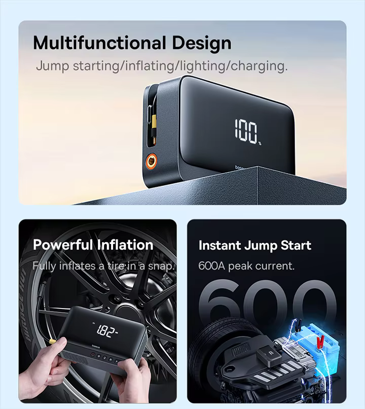 Baseus BS-CH013 600A Car Jump Starter with Power Bank, Tire Inflator, and LED Light

