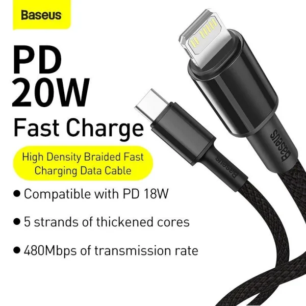 Baseus CATLGD-01 High Density Braided Fast Charging Data Lightning Cable Type-C to iP PD 20W 1Meter Black