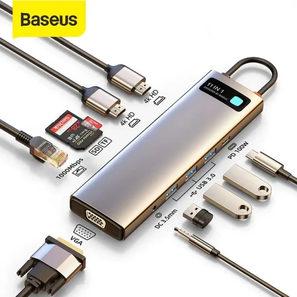 Baseus 11-in-1 USB-C Hub with HDMI, VGA, PD 100W, RJ45, Audio, and SD/TF Ports